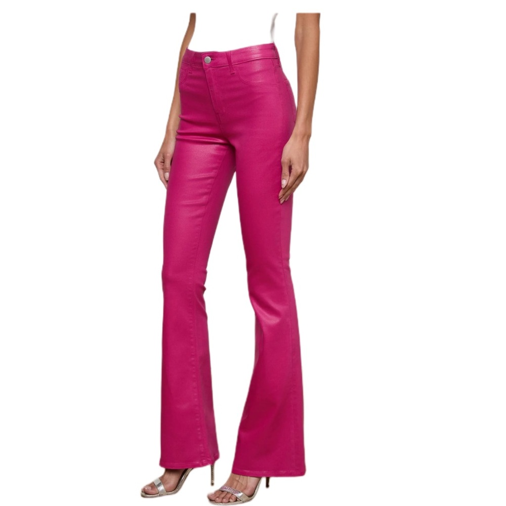 NWT L’AGENCE Marty High Rise Flare Coated Jeans Fuchsia Pink Leather Look Sz 26 - Picture 3 of 15